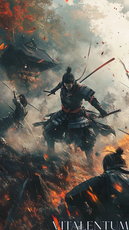 Samurai storm carve firelit paths through autumn battlefield.