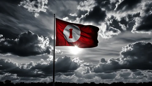 Red flag with circular emblem is backlit against clouded sky