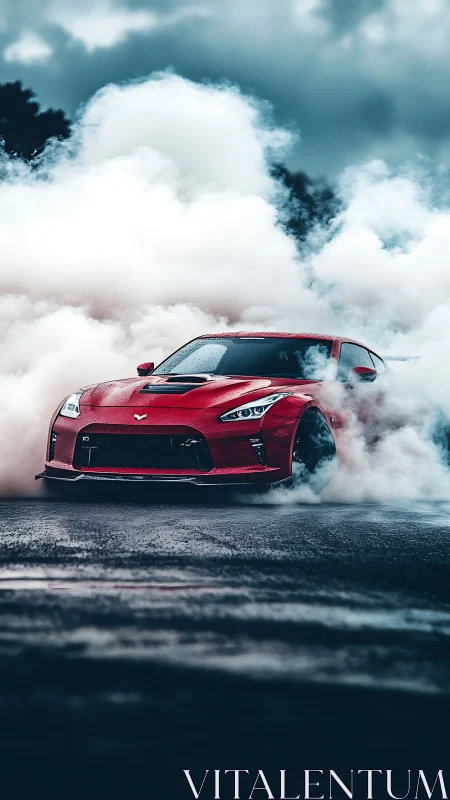 Crimson sports car drifting through dense burnout smoke.