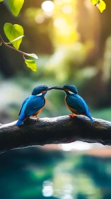 Tender kingfisher pair sharing a quiet forest moment.