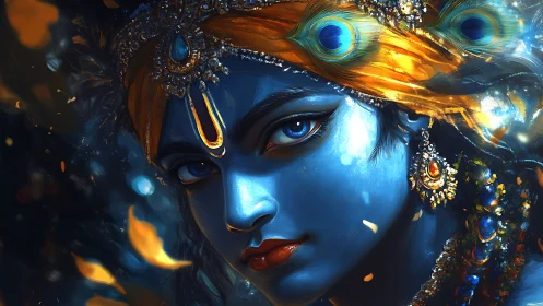 Iridescent blue deity portrait renders jewel-lit divine gaze