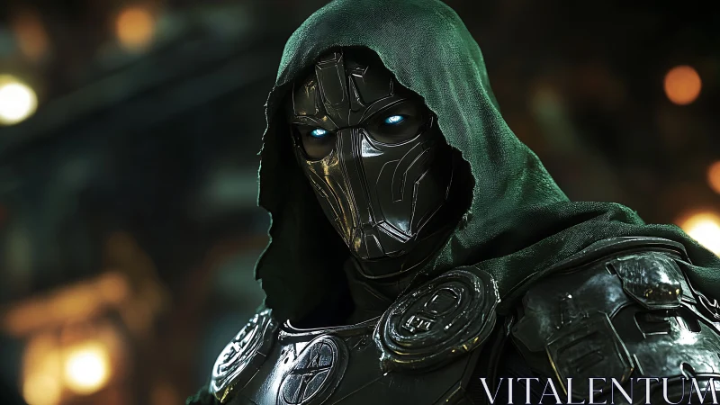 Hooded cyber knight with glowing eyes in molten shadows.