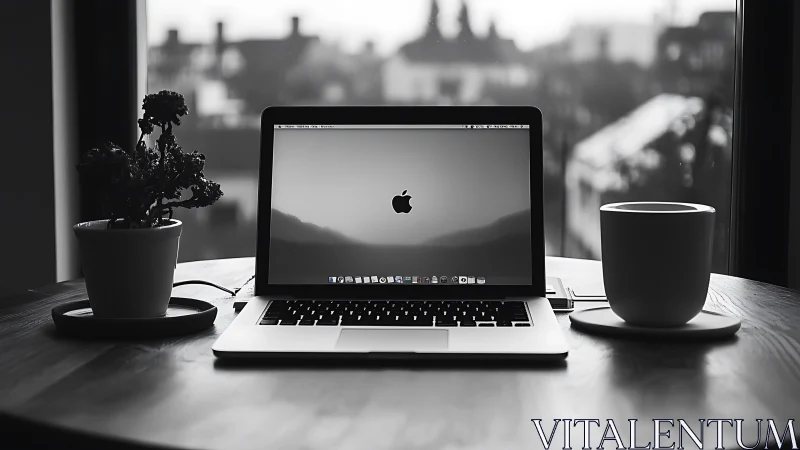 Monochrome laptop workspace balances soft window backlight and foreground contrast