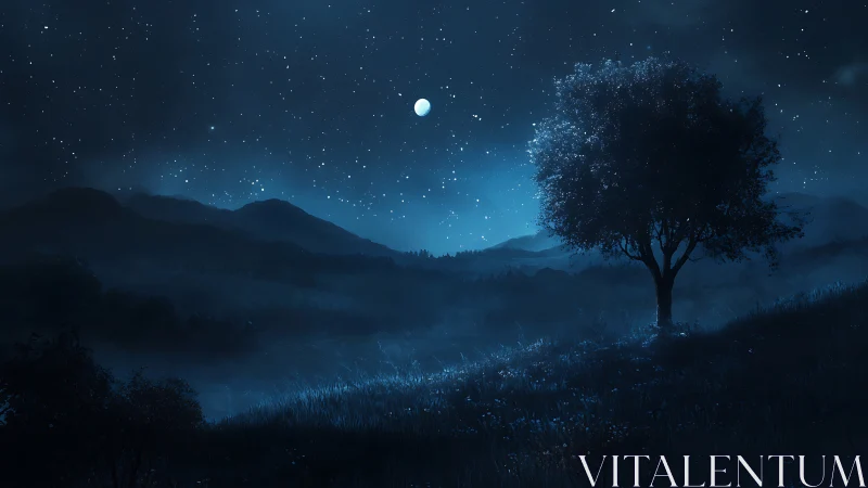 Moonlit lone tree dreaming over silvered mountain valleys.