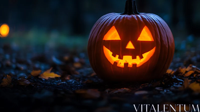 Glowing jack-o-lantern pumpkin in dark autumn forest night.