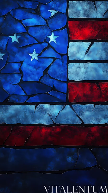 Fragmented flag design with textured red, white, blue fields.