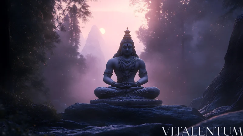 Serene Shiva statue renders soft volumetric light in misty forest