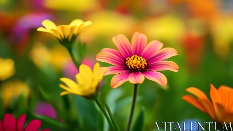 Zinnia flower with pink-magenta petals and golden center, shallow depth of field.