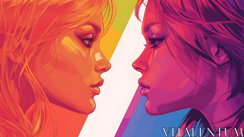 Duotone female portraits in mirrored profile with neon gradients