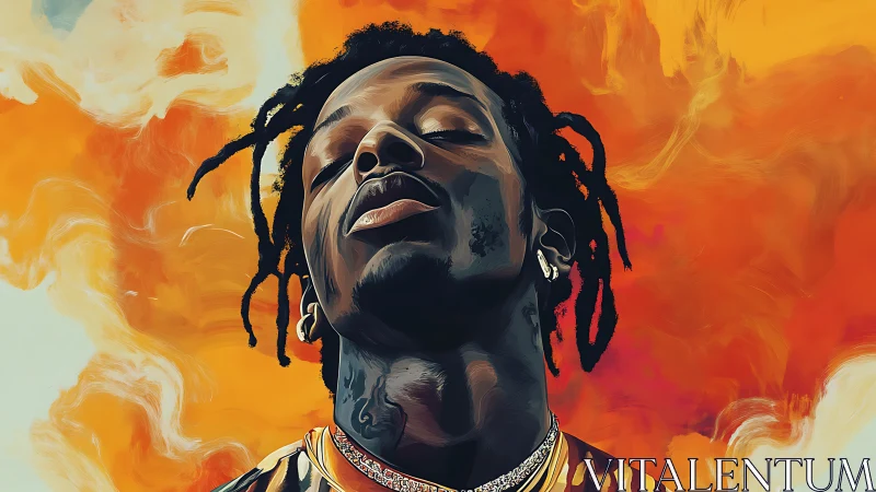 Portrait of confident man amid vivid orange smoke backdrop.