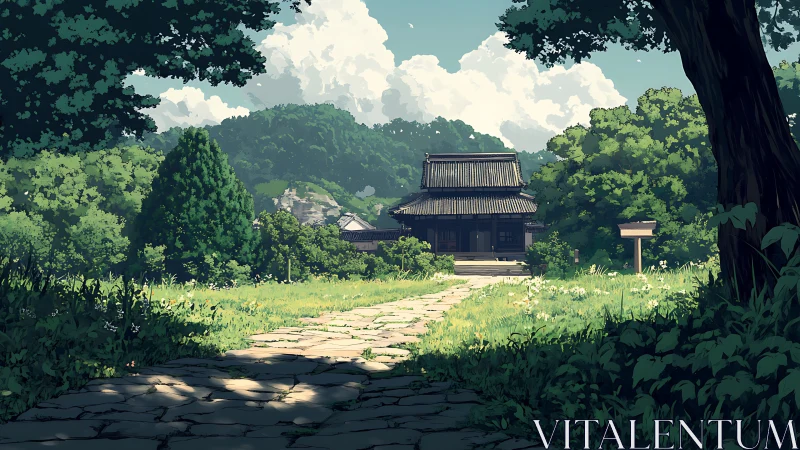 Sunlit garden path gently leads toward a peaceful wooden temple