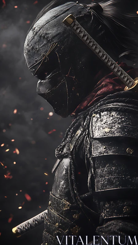 Battle-scarred shadow ronin crowned in drifting embers.