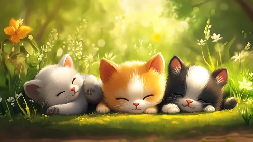 Three Kittens Resting in Sunlit Meadow With Flowers