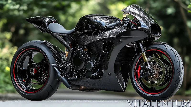Black sport motorcycle is parked on a forest road surface