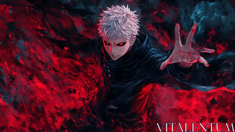 Fierce white haired sorcerer rising from swirling red power.