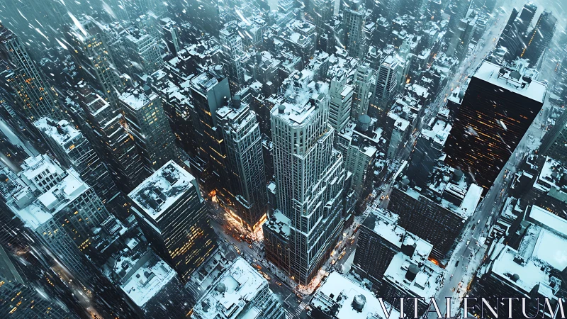 Snow-laden skyscraper canyon in luminous winter storm.