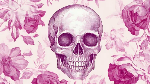 Human skull illustration is centered over stylized floral background