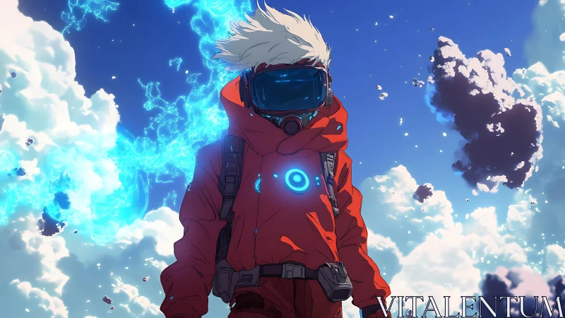 Skybound explorer in red suit strides through electric clouds.