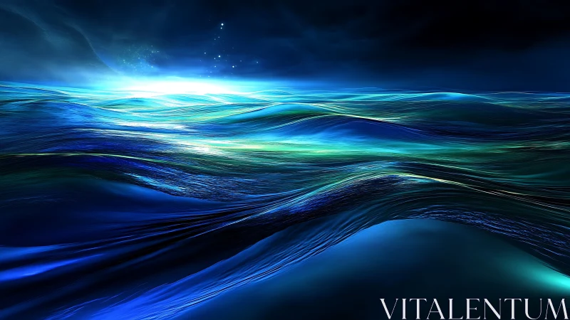 Luminous midnight waves rolling through a dreamlike sea.