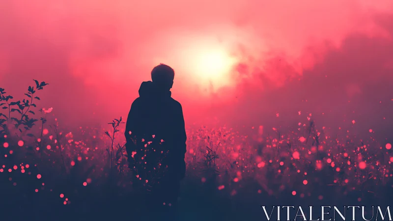 Silhouetted figure stands in glowing pink misty field at dusk