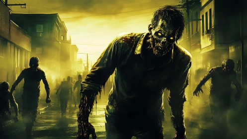 Grotesque zombie horde advancing through ruined city streets.