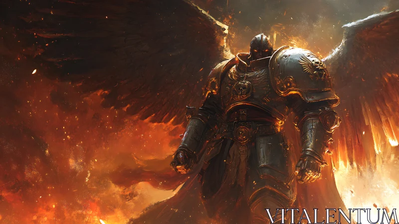 Winged armored guardian rising from a storm of golden fire.