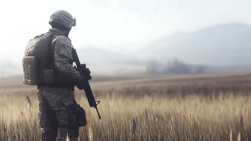 Soldier surveys golden field under soft morning haze.