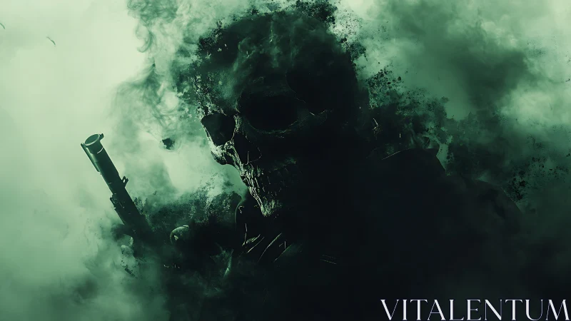 Skeletal figure with rifle emerging from dense green smoke.