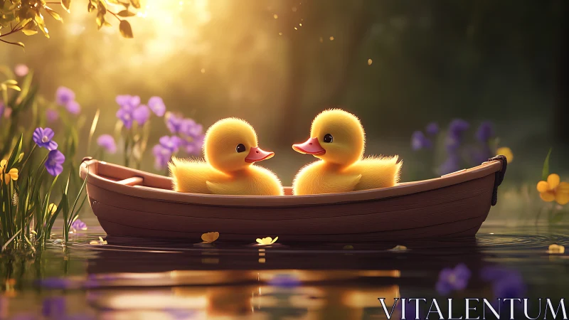 Sunlit duckling duo trade secrets in a dreamy flower boat