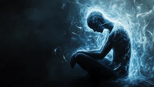 Luminous figure curled in quiet reflection and electric light.