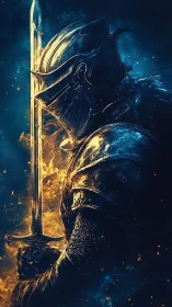 Armored knight in profile grips luminous sword amid blue-gold fire