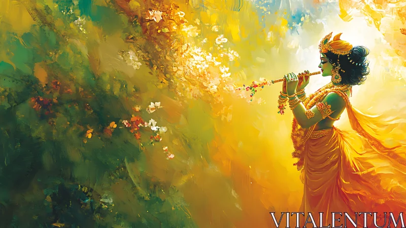 Divine flutist in saffron robes amid luminous verdant bloom