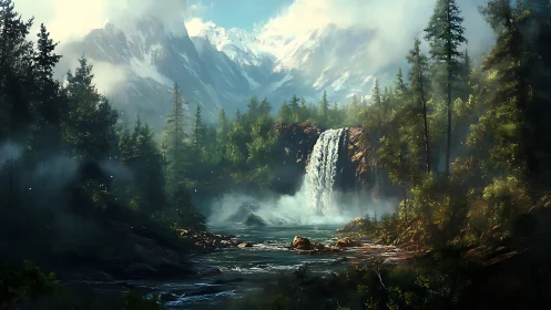 Cascading alpine waterfall divides dense conifer forest expansively