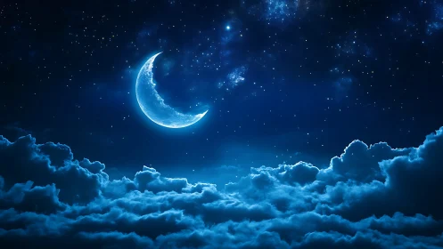 Silver crescent drifting above whisper-blue cloud oceans.