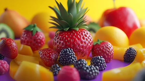 Mixed berries and sliced fruit on vivid colored surface.