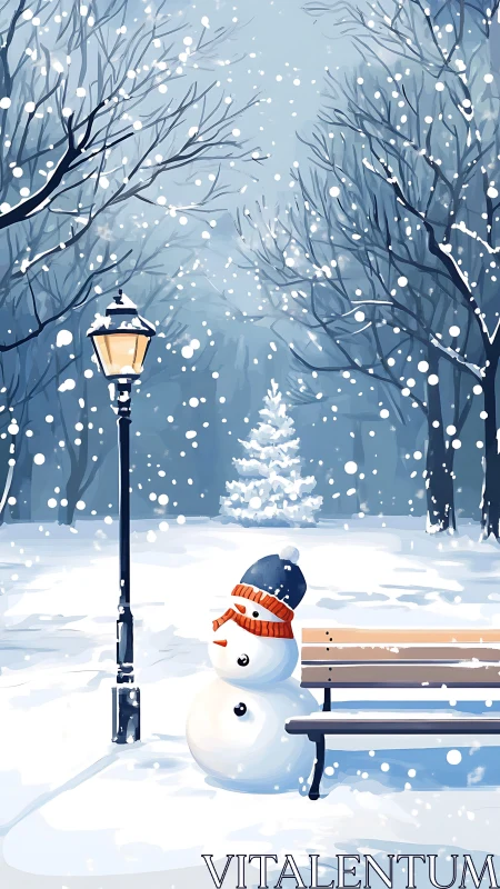 Snow-covered park scene shows tilted snowman by bench