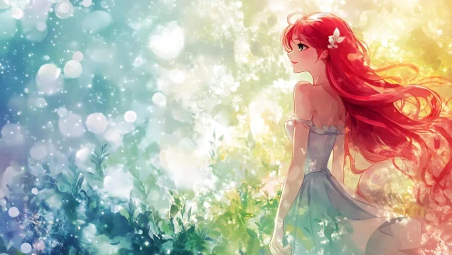 Red haired anime girl in glowing bokeh garden scene.