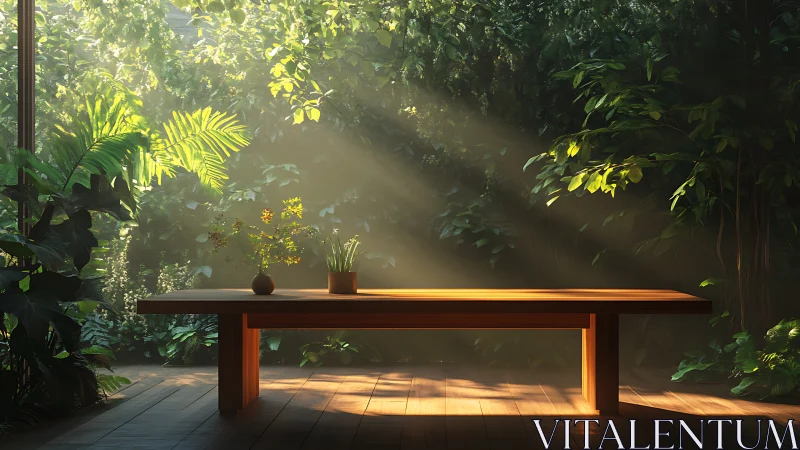 Sunlit wooden table anchors a tranquil indoor garden scene.
