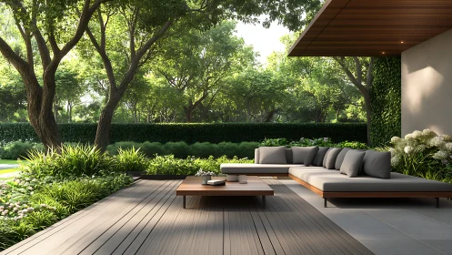 Modernist garden terrace with low-profile modular seating system.