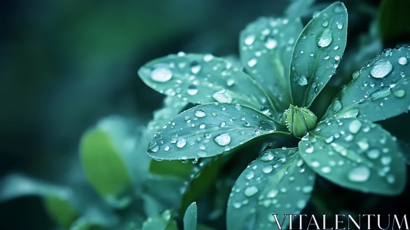 Close-up of green plant leaves with raindrops in focus.