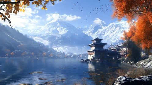 Lake temple cradled by snow giants and ember-bright trees.