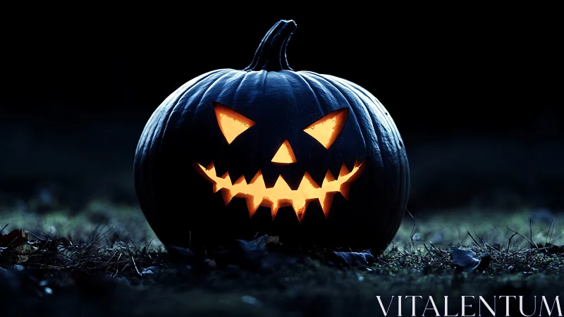 Grinning jack-o’-lantern glows against deep nocturnal background