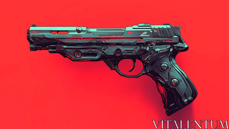Neon-detailed sci fi handgun against bold red backdrop.