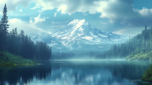 Snowcrowned mountain dream mirrored in a misty forest lake.