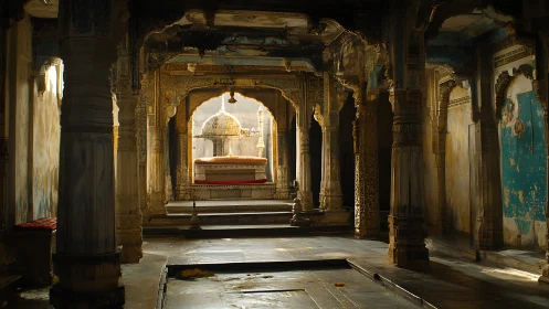 Sunlit ruined palace hall frames distant domed shrine.