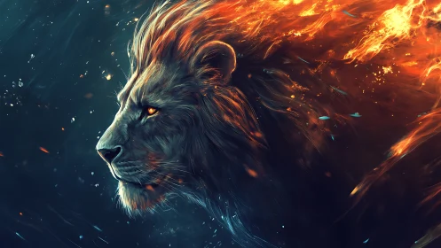 Fiery lion profile in glowing blue and orange storm.