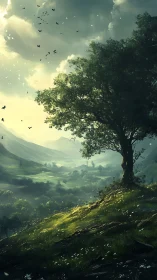 Sunlit hillside tree watching over a misty green valley.