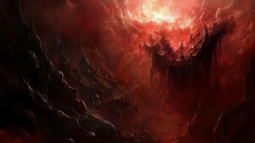 Volcanic abyssal canyon under infernal crimson storm skies