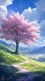 Solitary cherry tree above valley under clear blue sky.