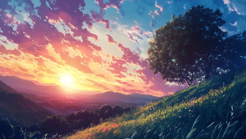 Sunlit hillside overlooks a dreamy valley at radiant sunset